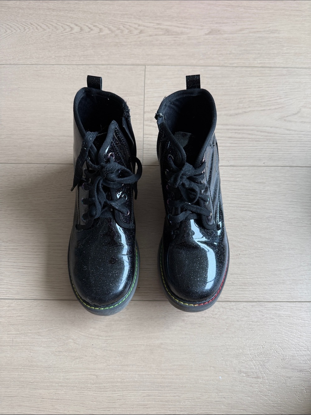 Dream Pairs Black Glitter Lace-Up Kids Boots with Rainbow Stitching